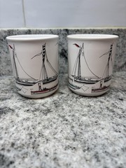 Paul Barclay England Mug Set x2 Sailboats Steamships Nautical Tea Coffee Retro