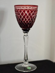 Signed Kusak Art Cut Crystal Cranberry Color Cut to Clear Wine Glass Tagged