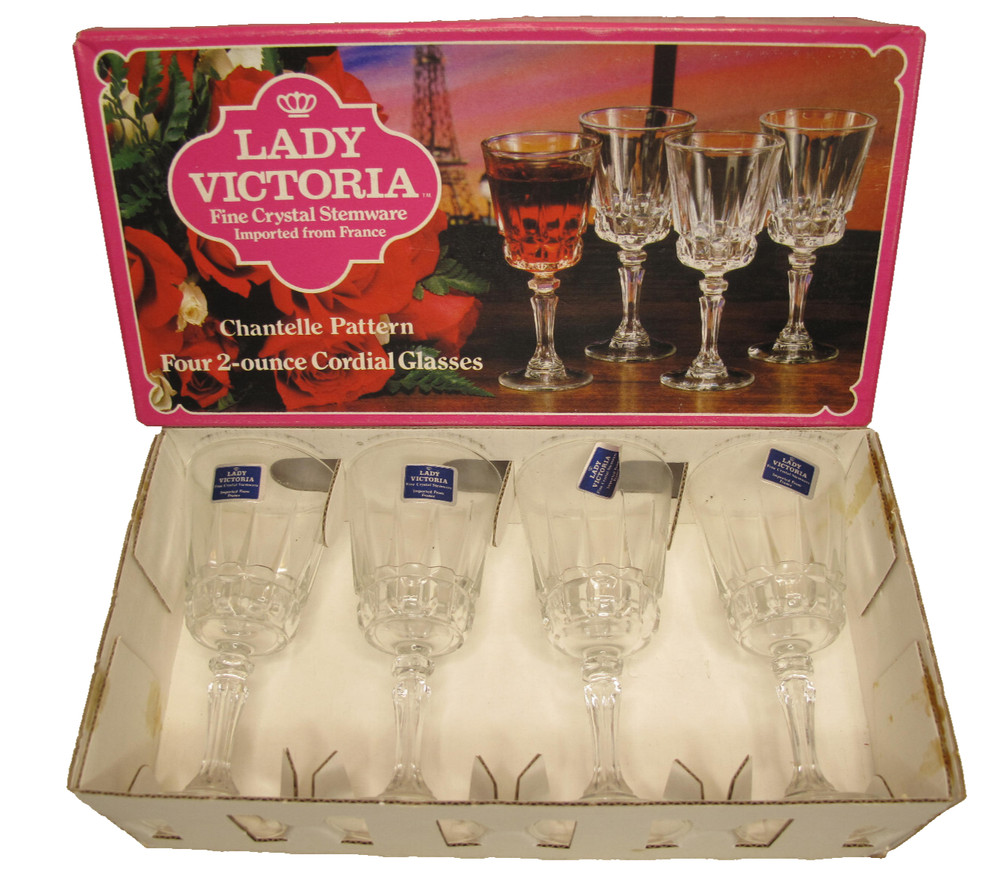 2 ~NIB VTG Lady Victoria Fine Crystal Stemware Glasses Cordial~Chantelle 2 oz