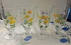 Oneida Hand Painted Floral Clear Glass Goblets Set of 4, Stemmed 8 in
