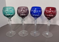 Four (4) Bohemian Cobalt Cut to Clear 8 3/8″ Wine Hock Glass / Goblet / Stem