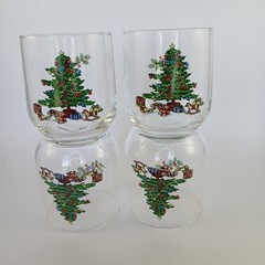Set 4 Tienshan Christmas Juice Glass Holiday Tree Toy VTG Clear Bar Glass Flawed