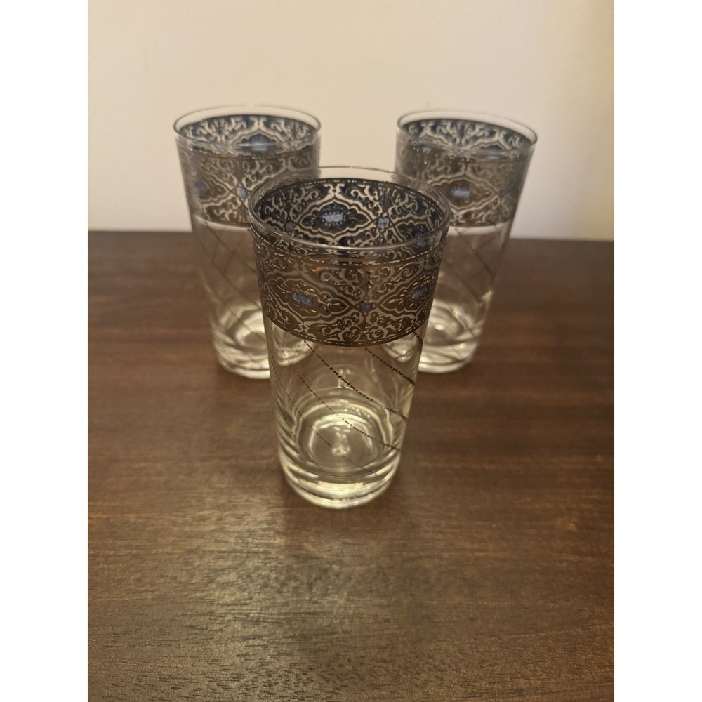 VTG 3 Culver Sorrento Hi-ball Tumblers Silver Lattice Blue Accent Signed Damage