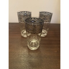 VTG 3 Culver Sorrento Hi-ball Tumblers Silver Lattice Blue Accent Signed Damage