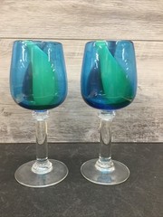 Mexican Blown Glass Teal Blue & Green Swirl Wine Goblets Set Of 2