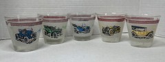 5 Vintage Hazel Atlas Early Classic Cars Frosted lowball glasses