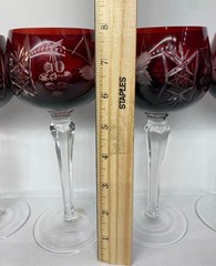 Gorgeous Cut-to-Clear Ruby Red Crystal wine Glasses. Vineyard Grapes, Leaves.