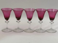5 Garda Rose Swirl Cranberry Optic Cordial Glasses by Schmidt F Germany Glass