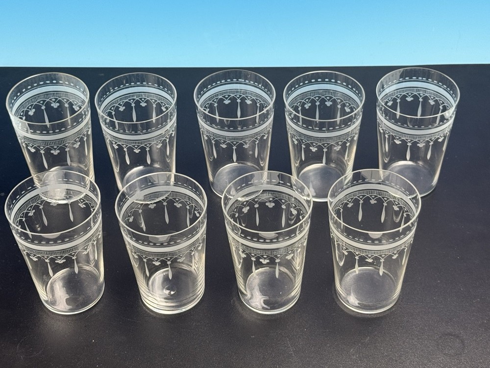 Set Of 9 Antique Boston & Sandwich Flint Glass Tumblers Frosted Band With Prism