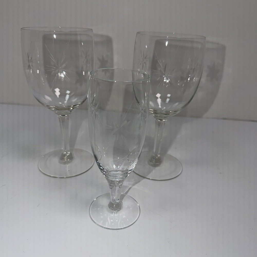 Vtg 3 Libbey Candlelight Etched Wine Glasses Goblets MCM Starburst Various Sizes
