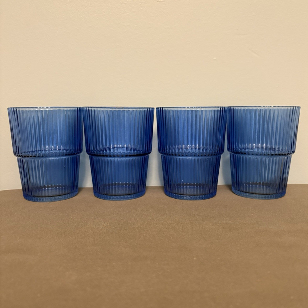 Blue Ribbed Glass Tumbler Glasses Set of 4 Round 3.5in x 4.25in
