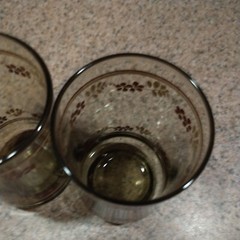 Libby Smokey Juice Glass Tumblers Painted red Flowers & Leaves Vtg Set Of 2