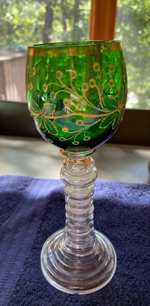 Vintage Green Wine Glass w/Beehive Stem and Gold Banding Flower Swirls
