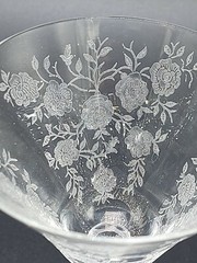 5 TIFFEN TOURAINE ROSE ETCHED PEDESTAL COCKTAIL GLASSES 5.5″ TALL 3.5″ WIDE