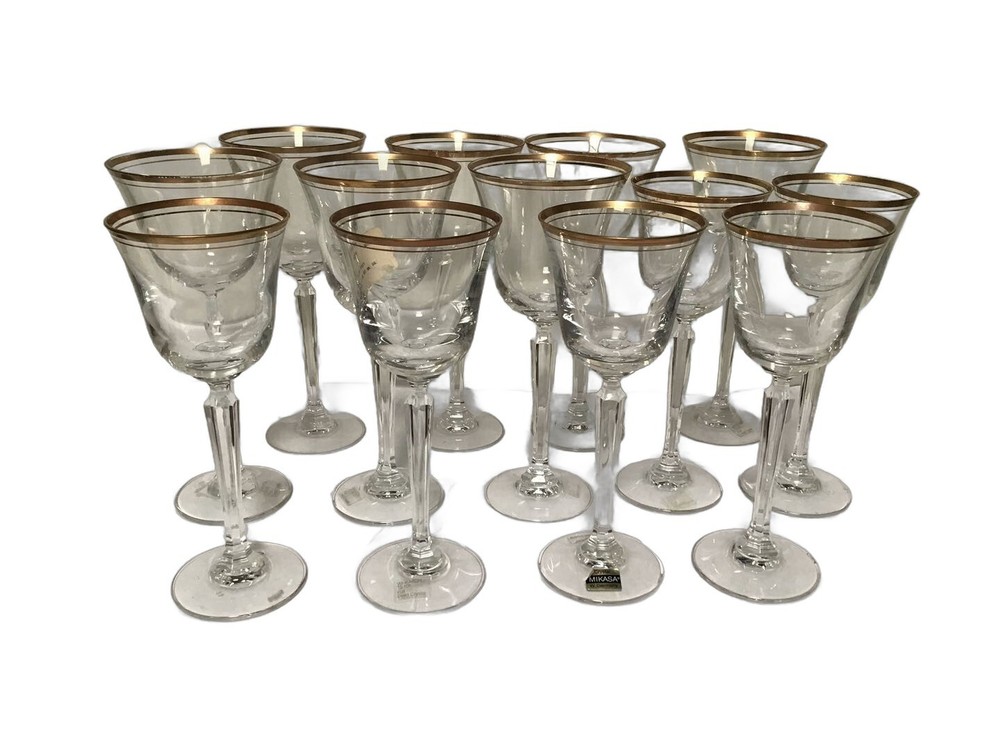 Vintage Set of 13 Mikasa Gilded Edge Crystal Goblet Wine Glass Clear Barware