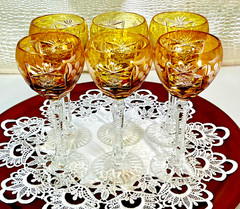 Cut to Clear Glass Crystal 8” Set of 6 Nachtmann Amber Yellow Hock Wine Glasses.