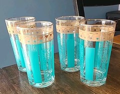 4 MCM High Ball; Turquoise Geometric Designed Gild Rim Glasses Vintage 1970’s