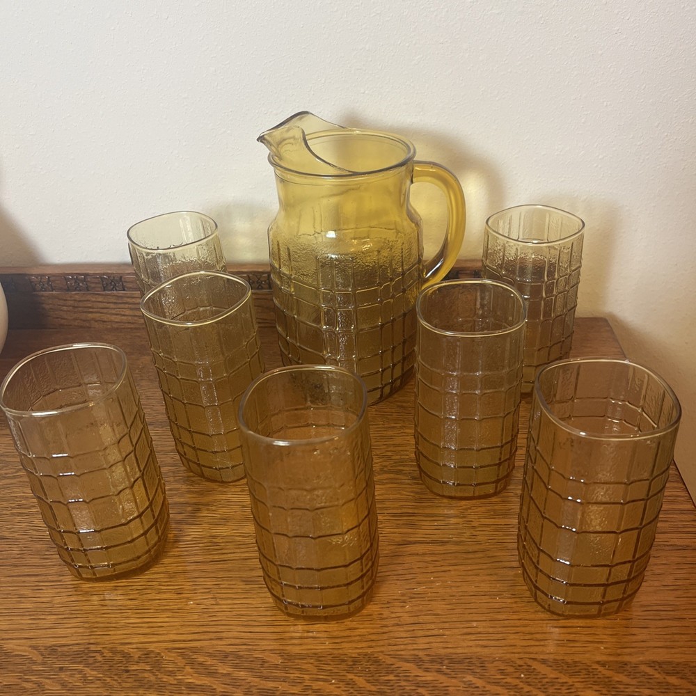 Anchor Hocking Topaz Textured Geometric Window Pane Pitcher And 7 Glasses