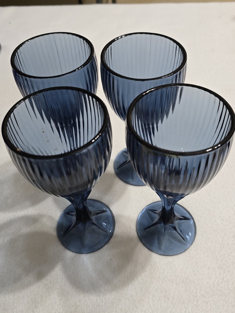 Set of 4 Vintage Fostoria Monet Midnight Blue Ribbed Water Goblets 7 3/8″