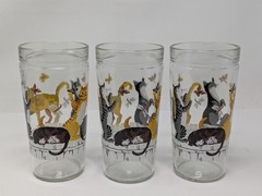 Anchor Hocking Butterflies Cats on Fence 6″ Glass Tumblers, Set Of 6, Vintage