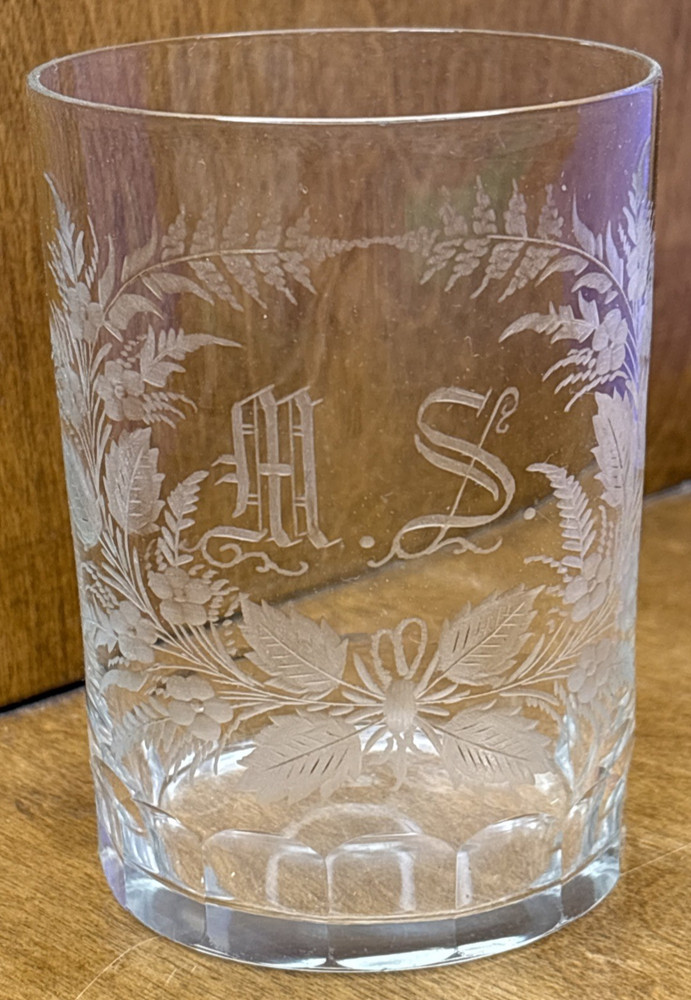 EAPG Etched Monogrammed M.S. Tumbler Glass 3.5″ Tall