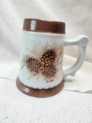 Vintage Hand Painted Tankard w/Pine Cones and Brown Bands Signed R. Botz