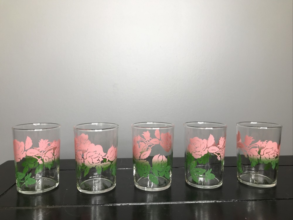 Set Of 5 Vintage Federal Glass Drinking Glasses Tumblers Pink Roses to Green