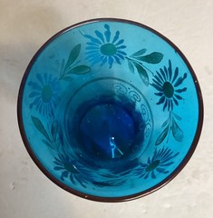 Victorian Era Pressed Glass Peacock Blue Reverse Panel Handpainted Water Tumbler