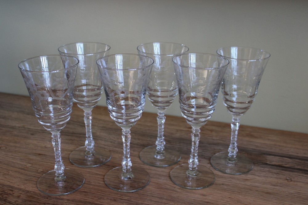 Set of 6 Libbey Rock Sharpe Formal Cut #3007 Stem Footed Water Wine Goblet