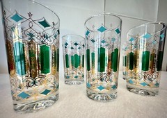 22K MCM Medallion High Ball Glasses (7) , Green & Turquoise & Gold Unique Design