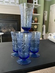 Set Of 4 Cobalt Blue Aztec Pattern Drinking Goblets Ice Tea Glasses