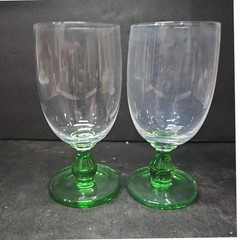 Green Bubble Stem Wine Glasses, Set of 2, Vintage Clear Bulb Stemware, Drinkware