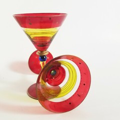 2 Pier One Festive Martini Glasses Red Stripe Hand Blown Glass Star Dot Pattern