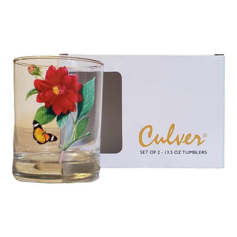 Culver 22k Gold Rim Dahlia ButterflyDOF Double Old-Fashioned Glasses 13.5 Oz