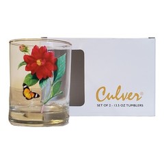 Culver 22k Gold Rim Dahlia ButterflyDOF Double Old-Fashioned Glasses 13.5 Oz