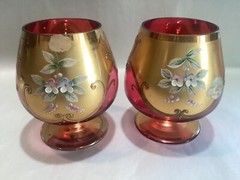 2 Bohemian Glass 5” Brandy Snifters Hand Painted Enameled Flowers Gilt Gold