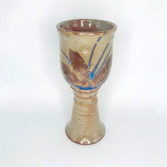VTG Studio Art Pottery Ceramic Wine Goblet Chalice ~9″ Glazed Earth Tones & Blue