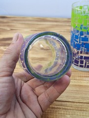 Vintage Gold Rim Drinking Glasses, Purple, Green & Blue Squares Barware (3) Lot