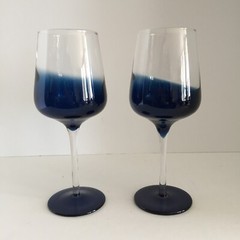 Pier 1 One Elemental Water Goblet Glasses Clear Stem Blue Bowl 16oz Set of 2 EUC