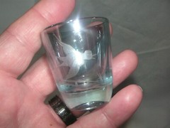 4 BOHEMIAN GLASS BIRD WITH FOLIAGE CUT TO CLEAR SHOT GLASSES, MARKED ON BOTTOM