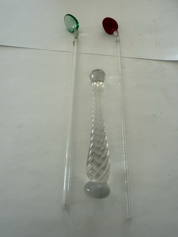 Circa 1930’s Cambridge Glass Drink Muddler and 2 Glass Cocktail Straws