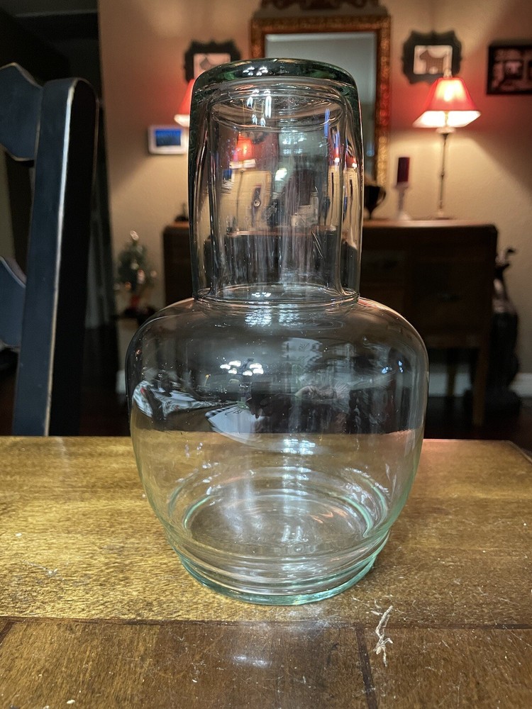 8″x4.5″ Hand Blown Clear Glass Tumble-Up Water Decanter & 3.25″x2.75″ Cup