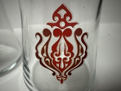Vintage PASABAHCE Turkish Red Scroll Design Glass Tea Cup & Saucer, Set Of 4