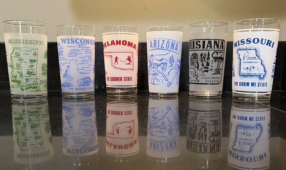 Lot of 6 Vintage Frosted 4 State Souvenir Glass Tumblers OK AZ LA MS WI MO ~ 6”