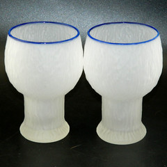 White Satin Frosted Blue Rim Glasses Stemware Footed Goblets Vintage MCM
