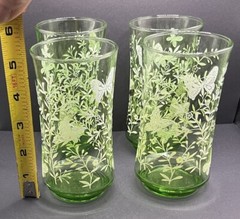VTG MCM Very HTF Libby Libbey Glasses Grass Green w/White Butterflies Set of 4