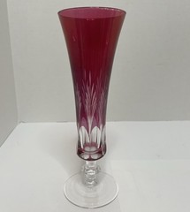 Vtg. Cranberry Cut to Clear Fluted Champagne Glass 7.5” Bud Vase Etched Italy