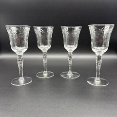 4 Vintage Optic Stem Footed Floral Cut Etched Cordial Glasses Clear