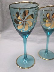 Vintage Romanian Aqua Blue (5) Wine Glasses 22K Gold Gilt Floral Design and Rim