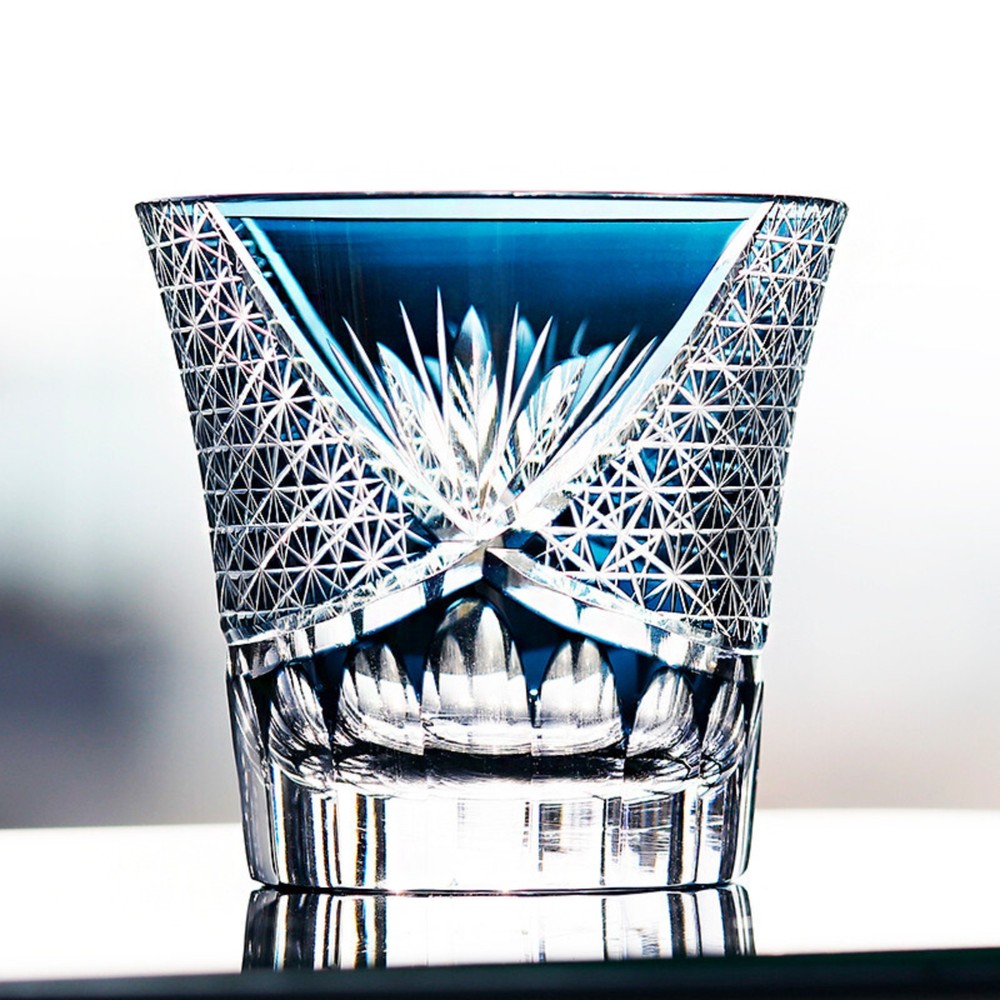 Ink Blue Edo Kiriko Crystal Bohemian Hand Cut Cased Whiskey Glass 220ml/8oz 1pc